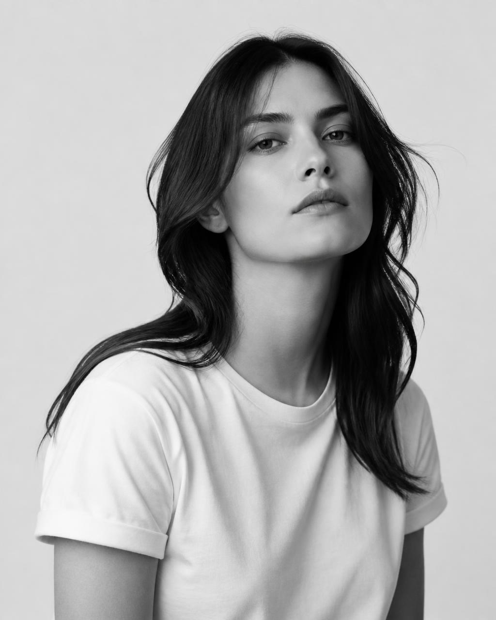 Black and white editorial test shot of a model against a plain backdrop